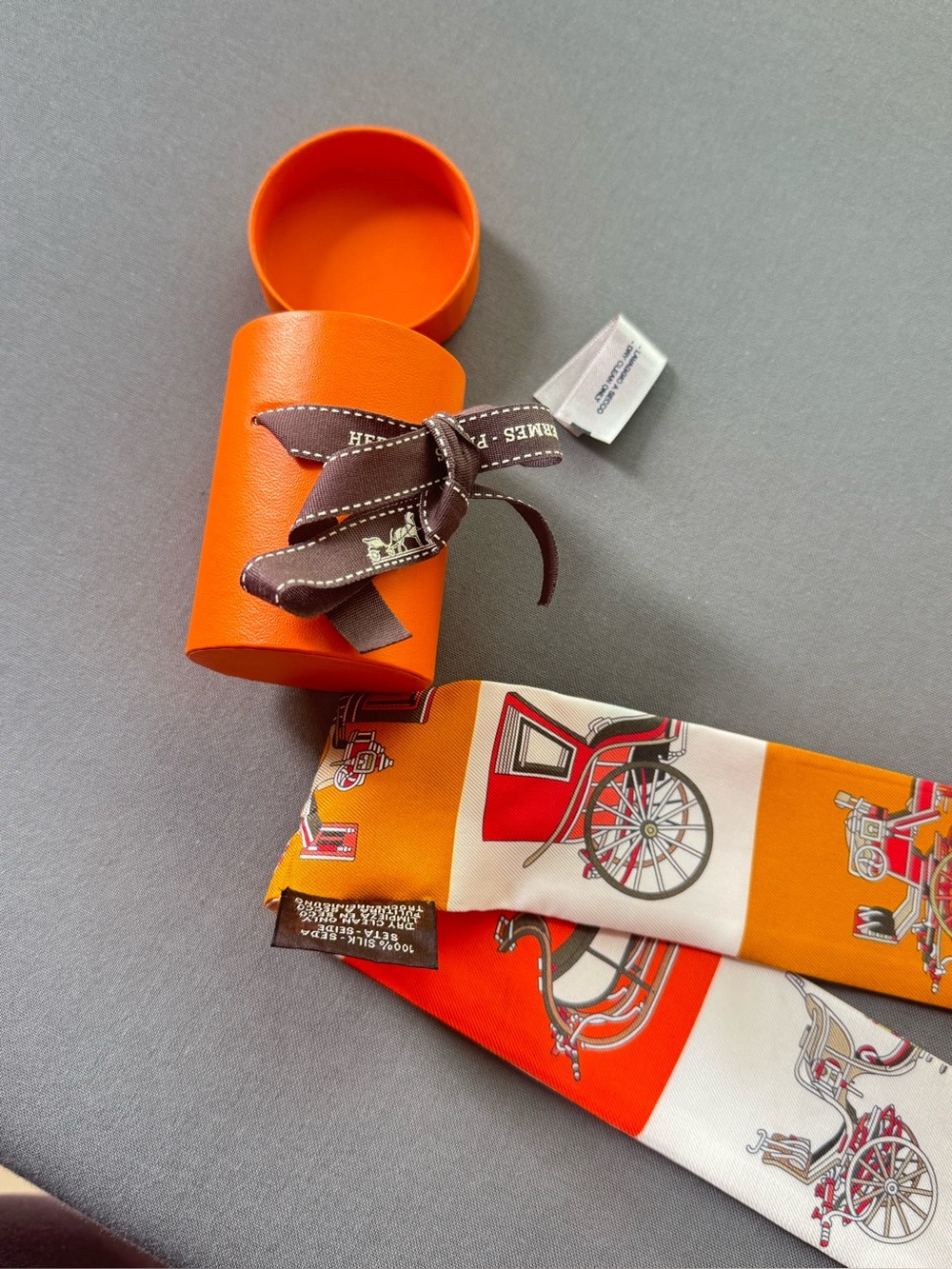 Hermès Orange, Cream and Beige Carriage Print Twilly Scarf - Picture 8 of 10